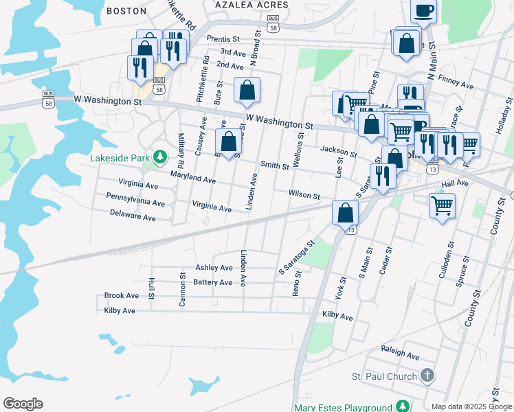 map of restaurants, bars, coffee shops, grocery stores, and more near 310 Linden Avenue in Suffolk