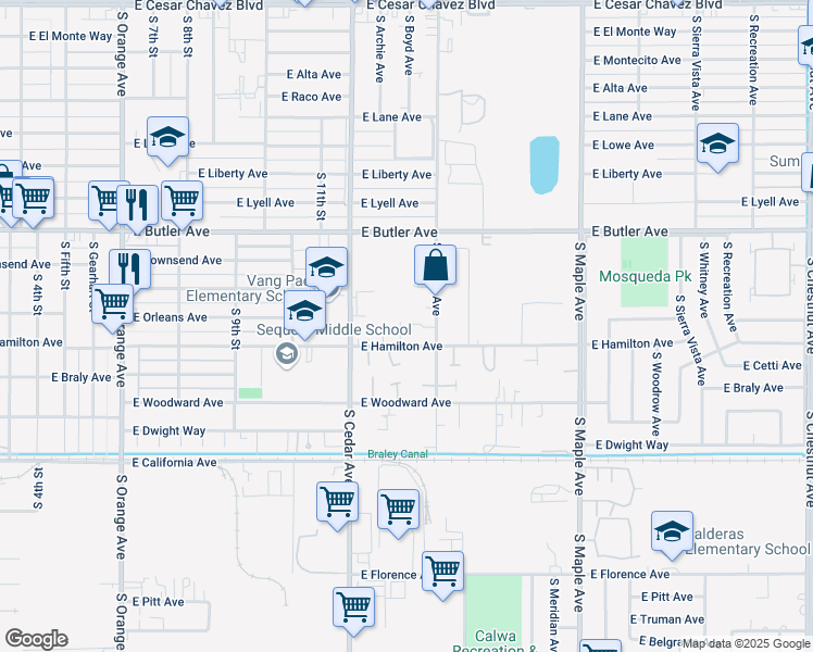 map of restaurants, bars, coffee shops, grocery stores, and more near 4331 East Hamilton Avenue in Fresno