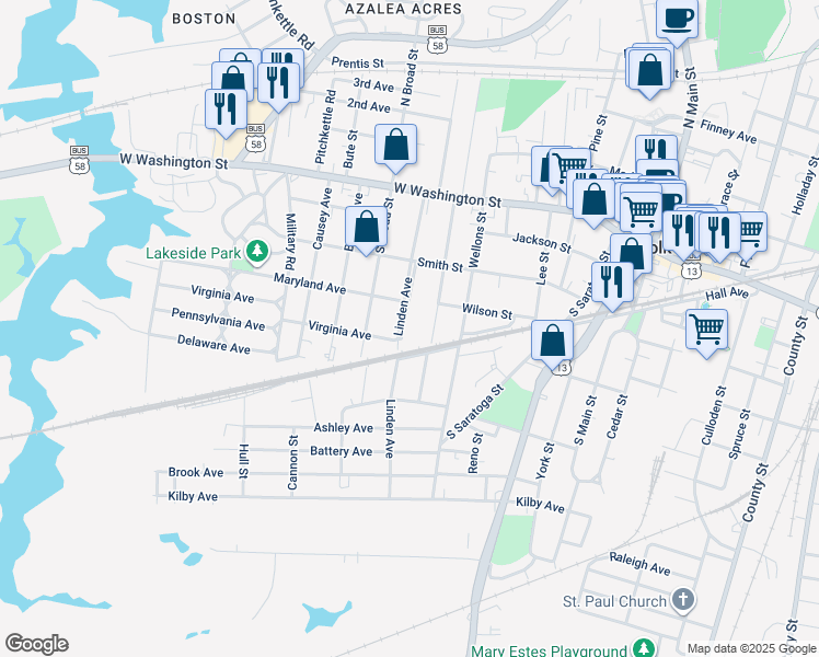 map of restaurants, bars, coffee shops, grocery stores, and more near 310 Linden Avenue in Suffolk