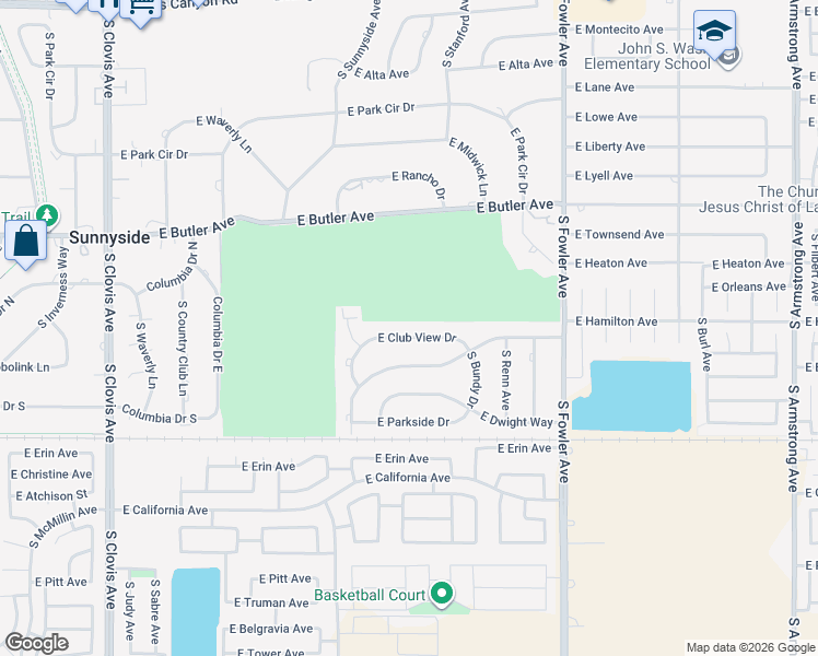map of restaurants, bars, coffee shops, grocery stores, and more near 5867 East Club View Drive in Fresno