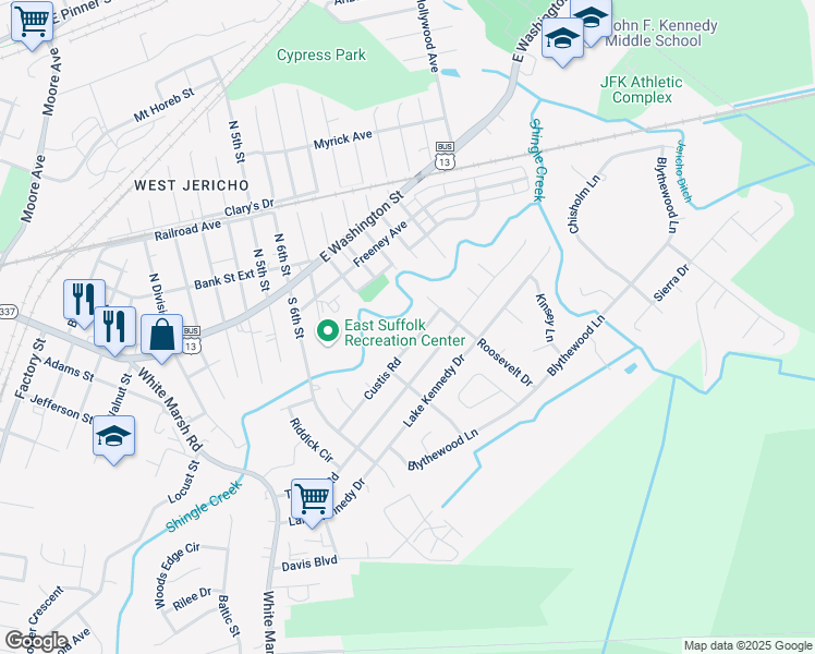 map of restaurants, bars, coffee shops, grocery stores, and more near 1118 Custis Road in Suffolk