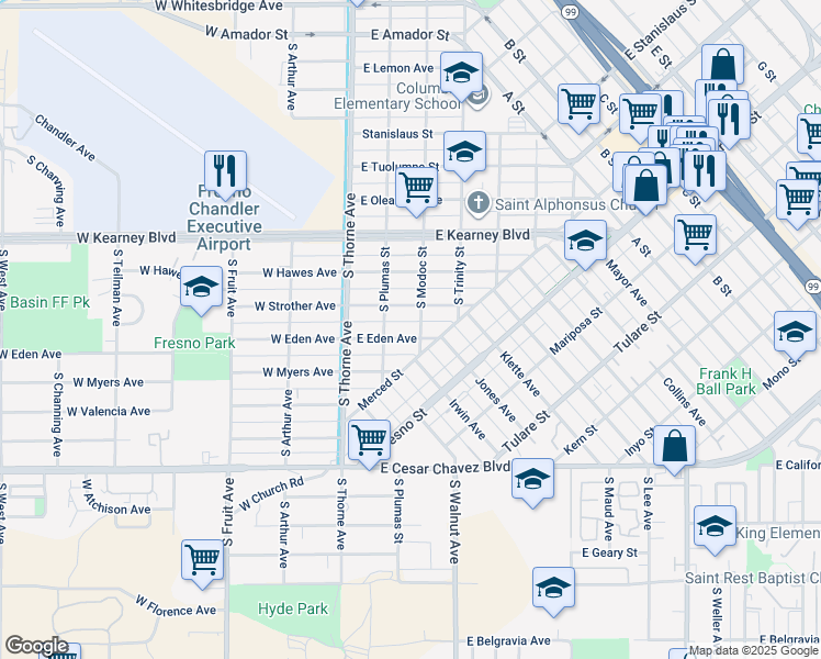 map of restaurants, bars, coffee shops, grocery stores, and more near 130 East Strother Avenue in Fresno