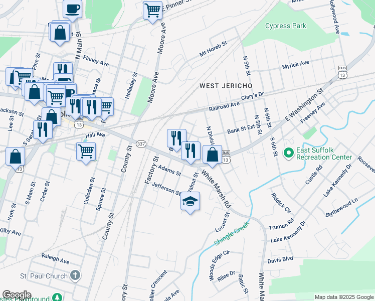 map of restaurants, bars, coffee shops, grocery stores, and more near 119 Halifax Street in Suffolk