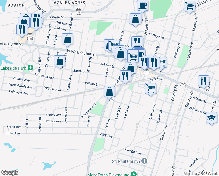 map of restaurants, bars, coffee shops, grocery stores, and more near 269 South Saratoga Street in Suffolk