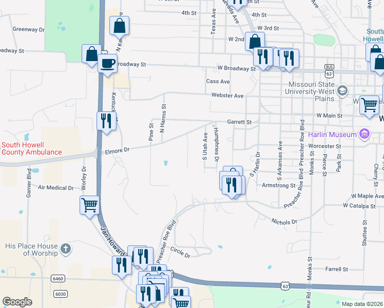 map of restaurants, bars, coffee shops, grocery stores, and more near 201-379 South Utah Avenue in West Plains