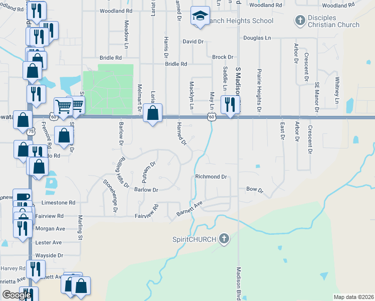 map of restaurants, bars, coffee shops, grocery stores, and more near 1757 Harned Drive in Bartlesville