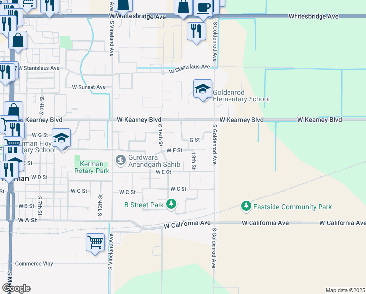 map of restaurants, bars, coffee shops, grocery stores, and more near 14168 West F Street in Kerman