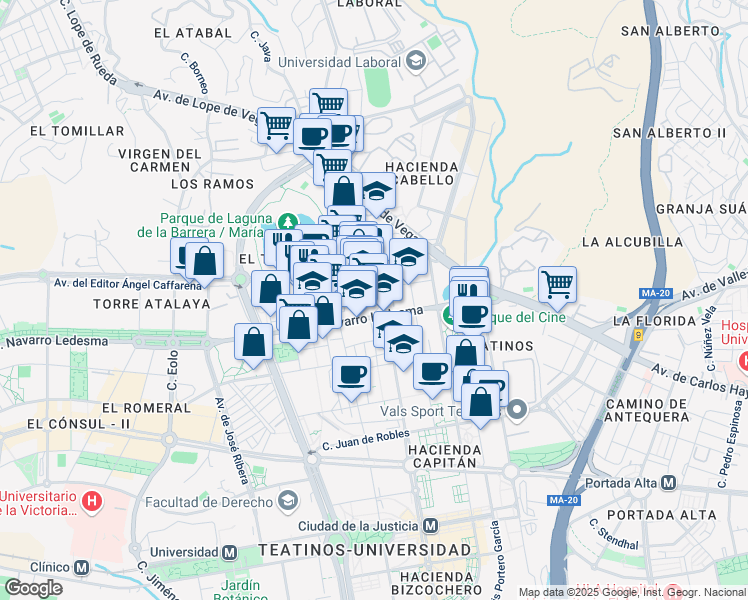 map of restaurants, bars, coffee shops, grocery stores, and more near 15 Calle Juan de Rihuerga in Málaga