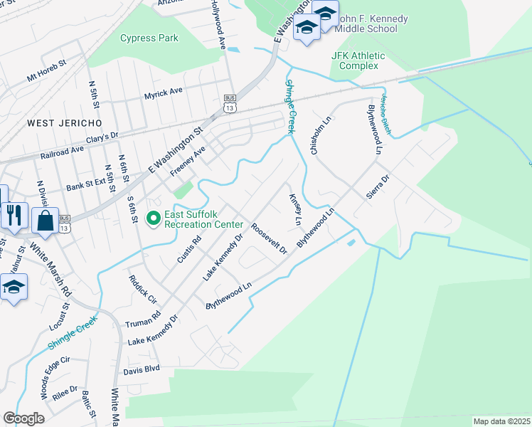 map of restaurants, bars, coffee shops, grocery stores, and more near 1205 Kennedy Drive in Suffolk