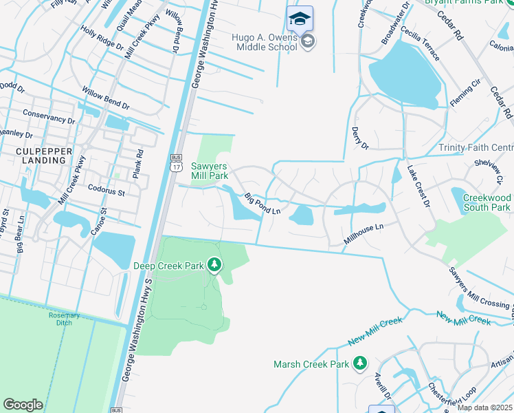 map of restaurants, bars, coffee shops, grocery stores, and more near 329 Big Pond Lane in Chesapeake