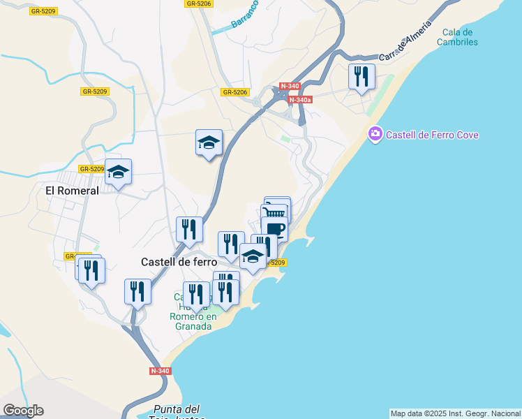 map of restaurants, bars, coffee shops, grocery stores, and more near 7A Calle Delfin in Castell de Ferro