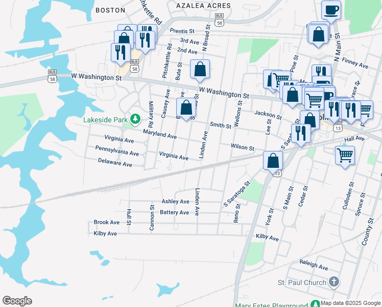 map of restaurants, bars, coffee shops, grocery stores, and more near 311 South Broad Street in Suffolk