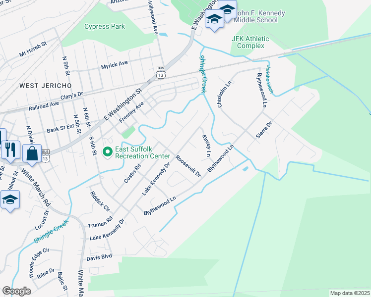 map of restaurants, bars, coffee shops, grocery stores, and more near 1205 Kennedy Drive in Suffolk