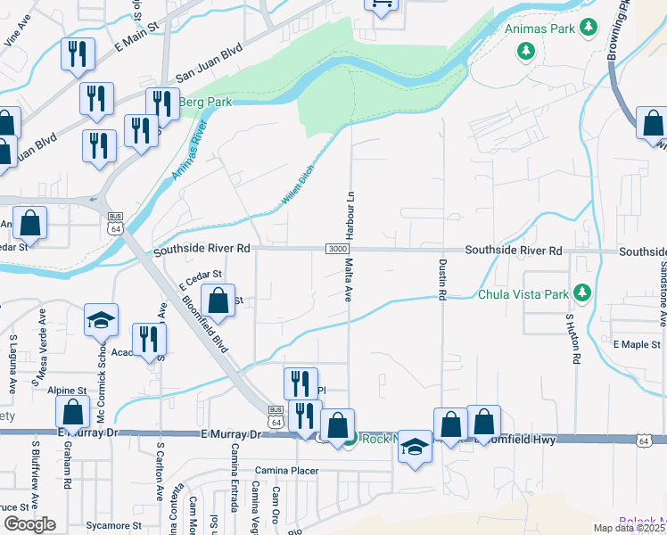 map of restaurants, bars, coffee shops, grocery stores, and more near 2105 Southside River Road in Farmington