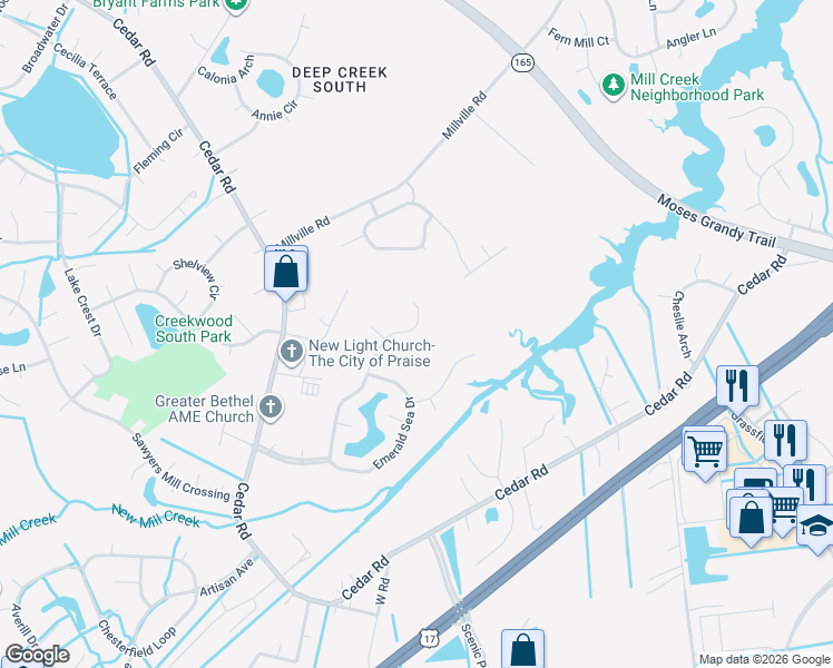 map of restaurants, bars, coffee shops, grocery stores, and more near 2139 Sunset Maple Lane in Chesapeake