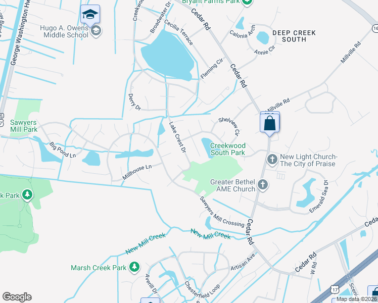 map of restaurants, bars, coffee shops, grocery stores, and more near 509 Lake Crest Drive in Chesapeake