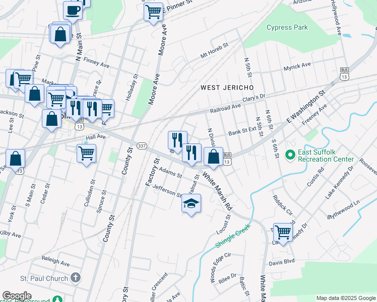 map of restaurants, bars, coffee shops, grocery stores, and more near 119 Halifax Street in Suffolk