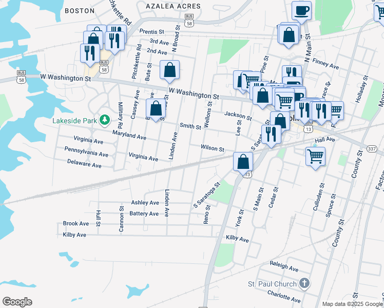 map of restaurants, bars, coffee shops, grocery stores, and more near 306 Saint James Avenue in Suffolk