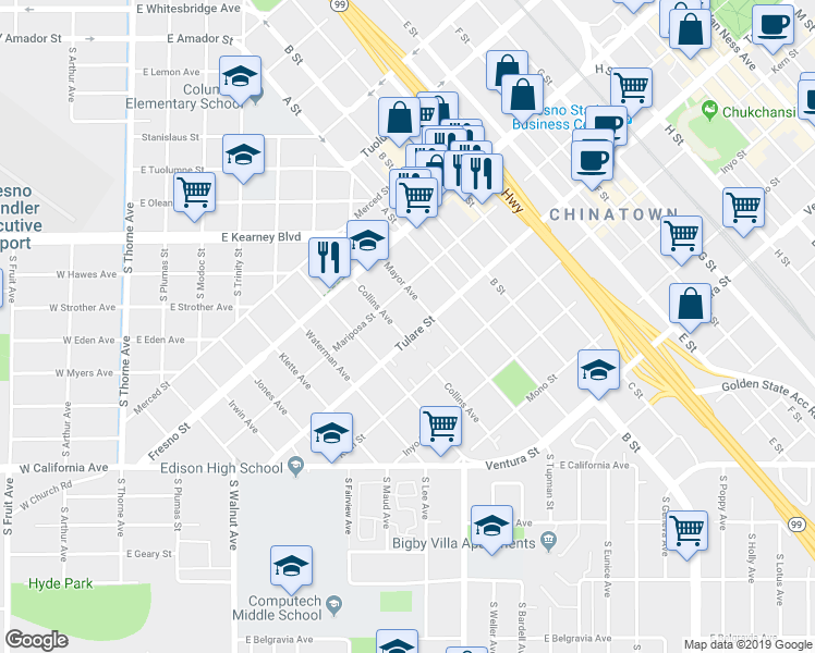 map of restaurants, bars, coffee shops, grocery stores, and more near 819 Tulare Street in Fresno