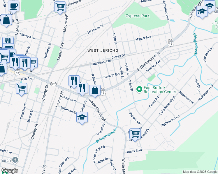 map of restaurants, bars, coffee shops, grocery stores, and more near 1106 East Washington Street in Suffolk