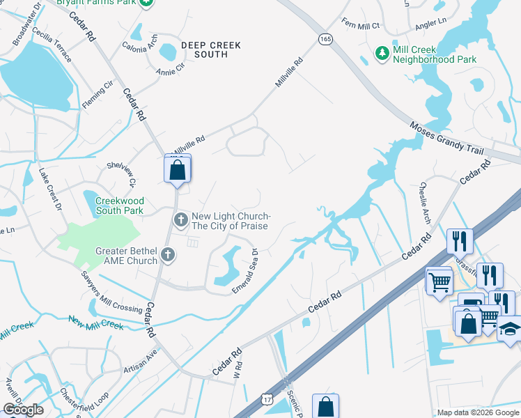 map of restaurants, bars, coffee shops, grocery stores, and more near 2139 Sunset Maple Lane in Chesapeake