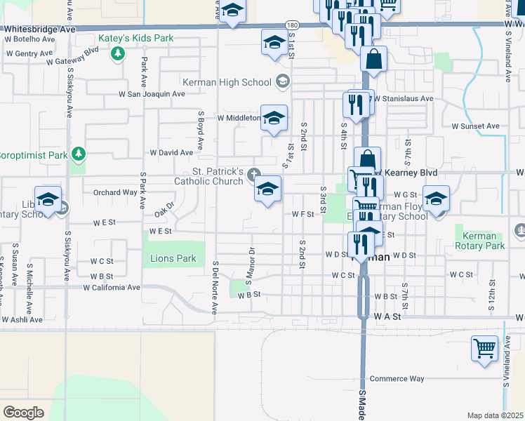 map of restaurants, bars, coffee shops, grocery stores, and more near 601 South 1st Street in Kerman