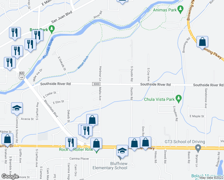 map of restaurants, bars, coffee shops, grocery stores, and more near 2403 Southside River Road in Farmington