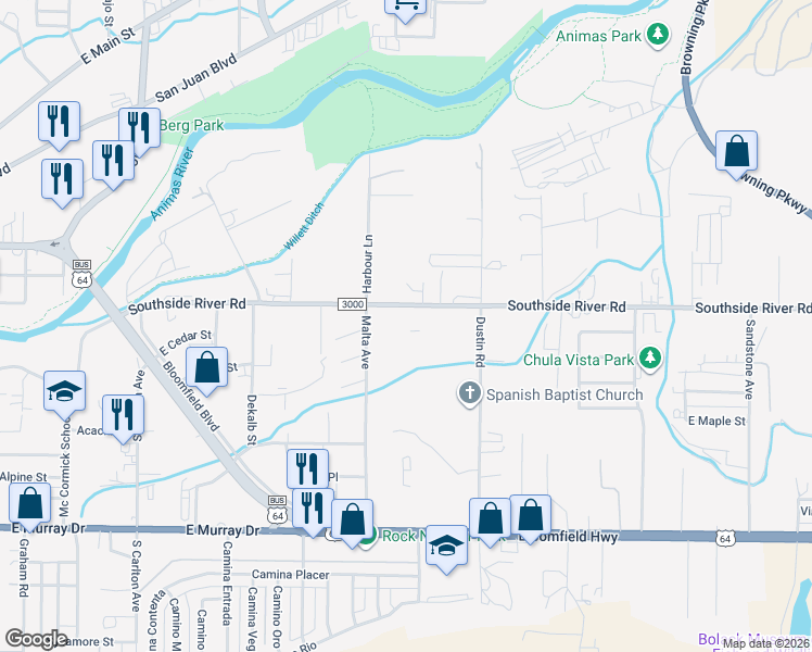 map of restaurants, bars, coffee shops, grocery stores, and more near 2403 Southside River Road in Farmington