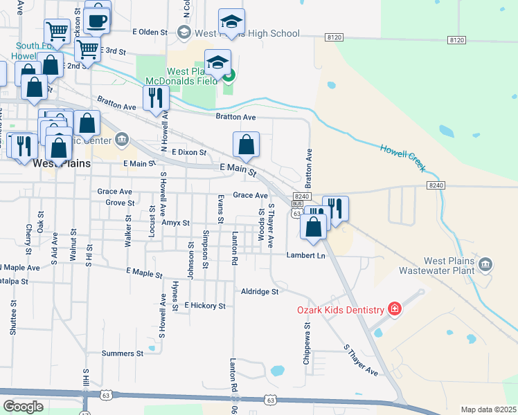 map of restaurants, bars, coffee shops, grocery stores, and more near 217 Woods Street in West Plains