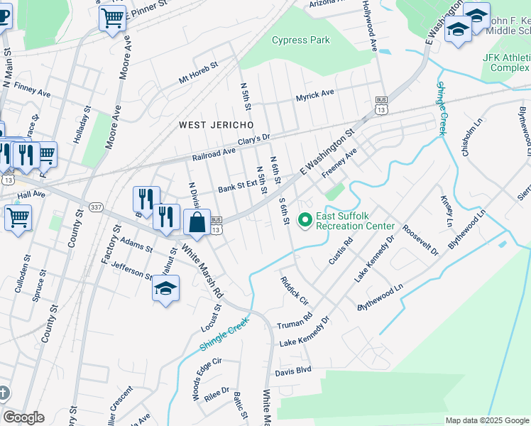 map of restaurants, bars, coffee shops, grocery stores, and more near 111 South 5th Street in Suffolk