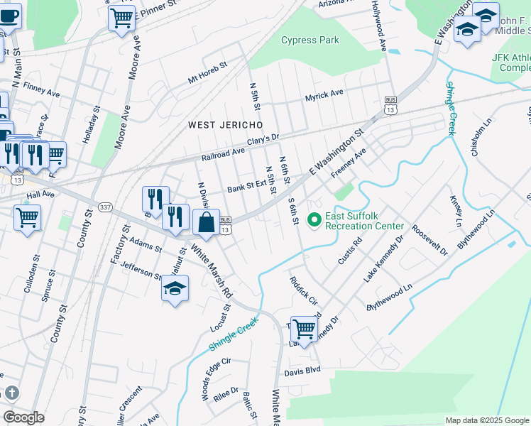 map of restaurants, bars, coffee shops, grocery stores, and more near 111 South 5th Street in Suffolk