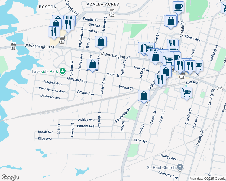 map of restaurants, bars, coffee shops, grocery stores, and more near 306 Saint James Avenue in Suffolk