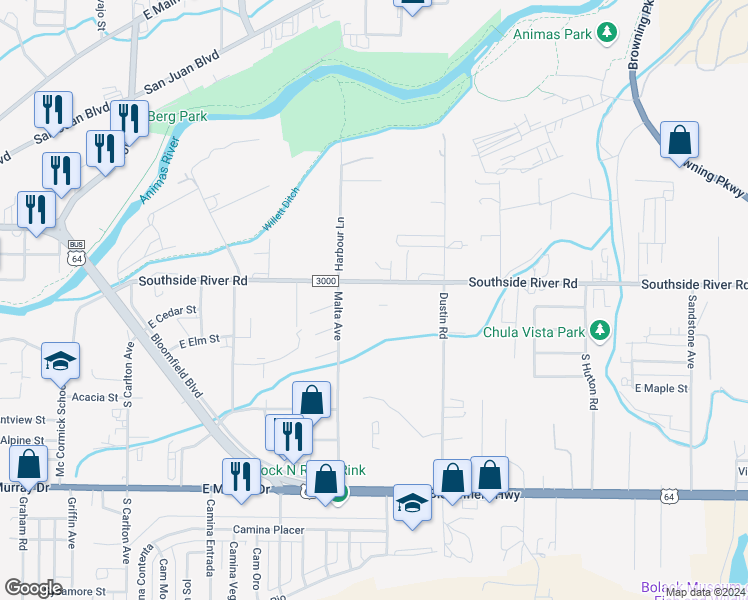 map of restaurants, bars, coffee shops, grocery stores, and more near 2403 Southside River Road in Farmington