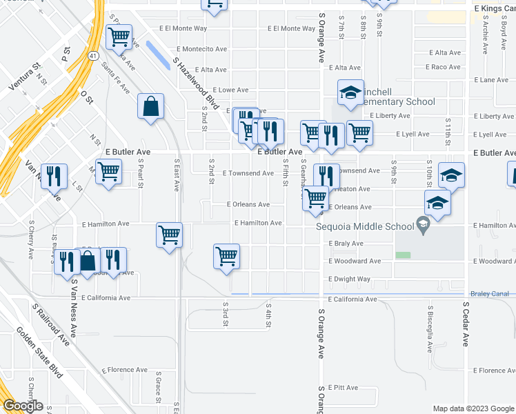 map of restaurants, bars, coffee shops, grocery stores, and more near 1703 South Hazelwood Boulevard in Fresno