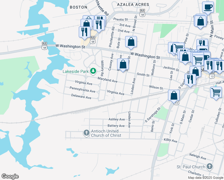 map of restaurants, bars, coffee shops, grocery stores, and more near 315 Bosley Avenue in Suffolk