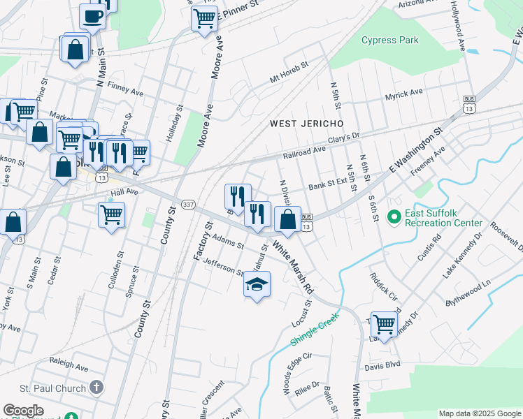 map of restaurants, bars, coffee shops, grocery stores, and more near 119 Halifax Street in Suffolk
