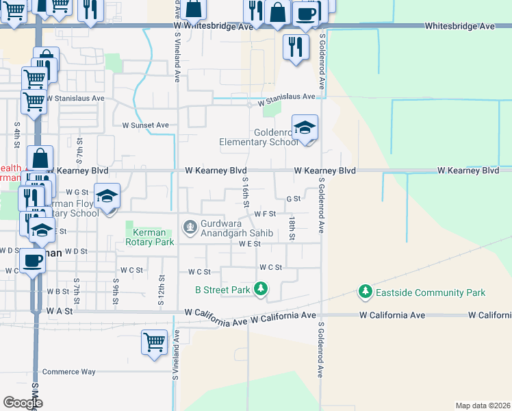 map of restaurants, bars, coffee shops, grocery stores, and more near 579 McKenna Court in Kerman