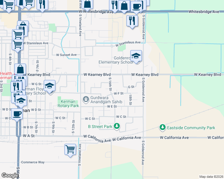 map of restaurants, bars, coffee shops, grocery stores, and more near 579 McKenna Court in Kerman