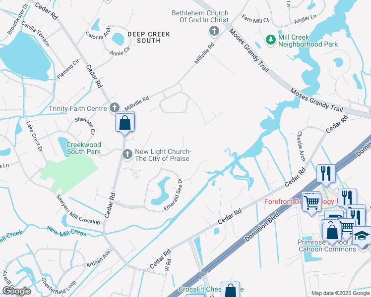map of restaurants, bars, coffee shops, grocery stores, and more near 2139 Sunset Maple Lane in Chesapeake