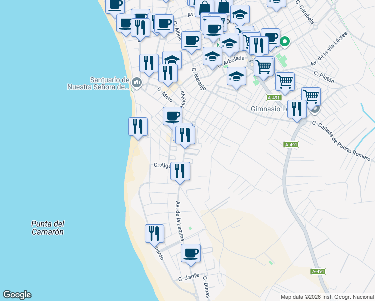 map of restaurants, bars, coffee shops, grocery stores, and more near 1 Avenida de la Laguna in Chipiona