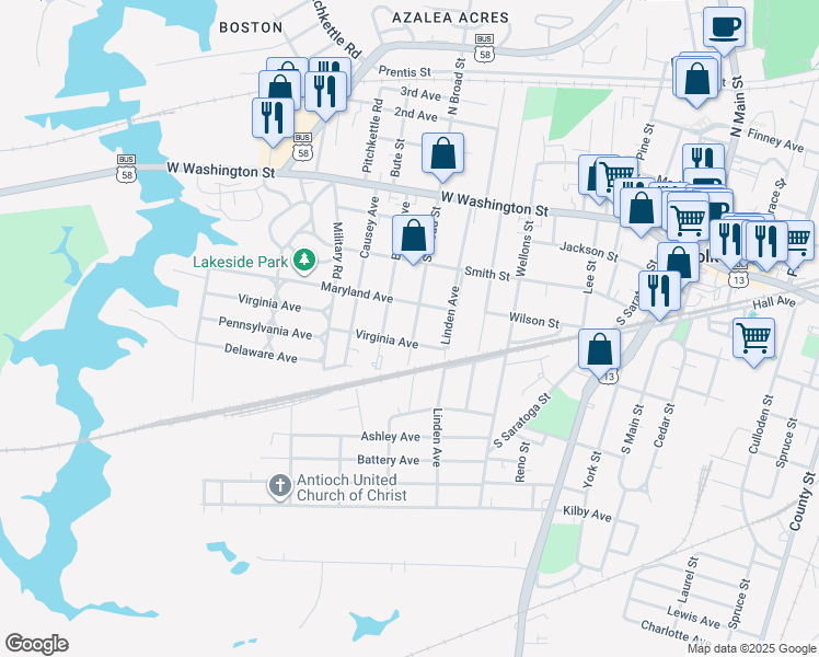 map of restaurants, bars, coffee shops, grocery stores, and more near 311 South Broad Street in Suffolk
