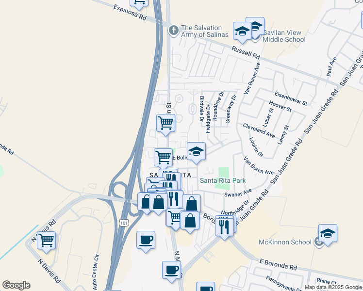 map of restaurants, bars, coffee shops, grocery stores, and more near 109 Prado Street in Salinas