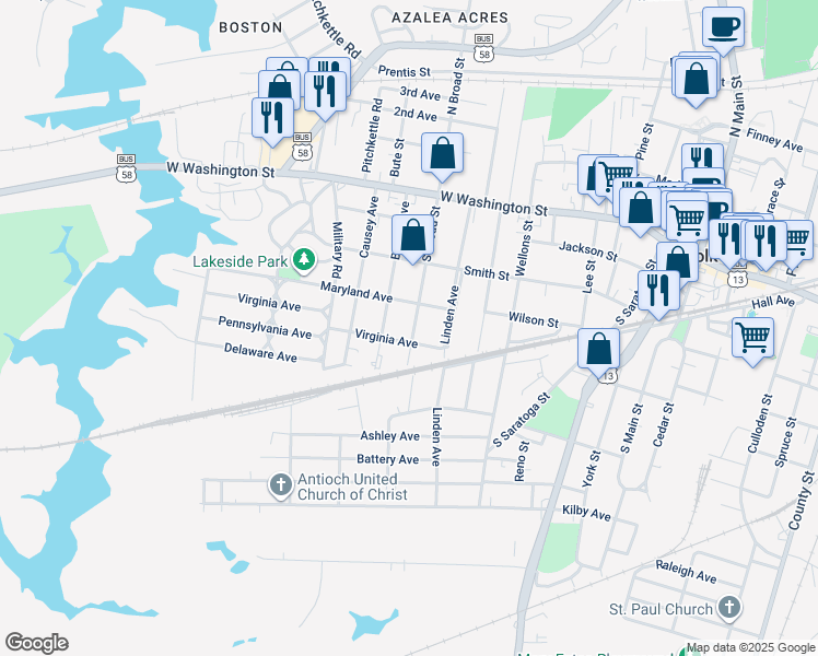 map of restaurants, bars, coffee shops, grocery stores, and more near 311 South Broad Street in Suffolk