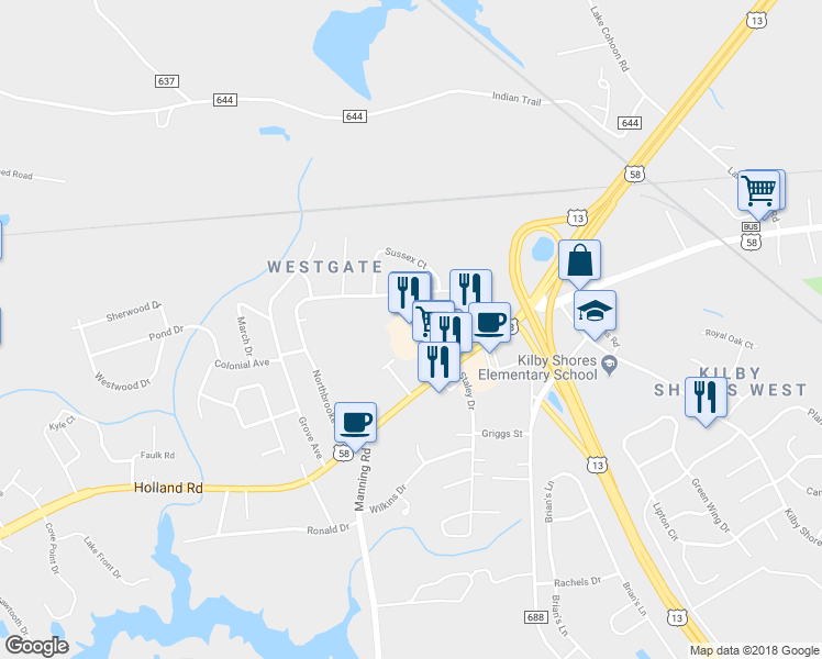 map of restaurants, bars, coffee shops, grocery stores, and more near 1524 Holland Road in Suffolk