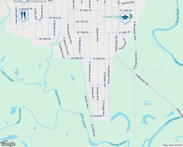 map of restaurants, bars, coffee shops, grocery stores, and more near 2060 South Johnstone Avenue in Bartlesville