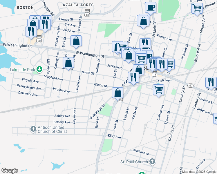 map of restaurants, bars, coffee shops, grocery stores, and more near 413 Wilson Street in Suffolk