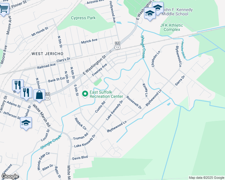 map of restaurants, bars, coffee shops, grocery stores, and more near 1118 Custis Road in Suffolk