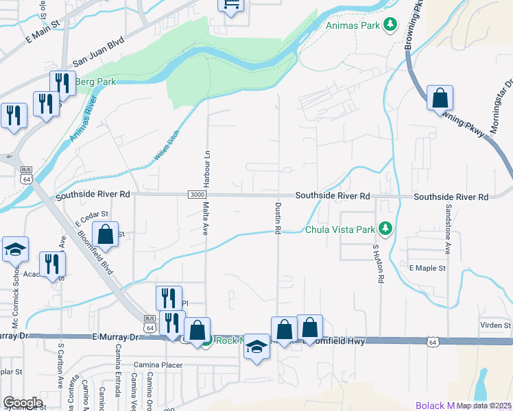 map of restaurants, bars, coffee shops, grocery stores, and more near 2605 Southside River Road in Farmington