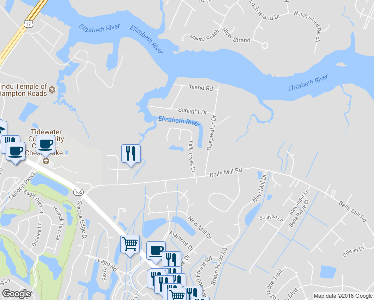 map of restaurants, bars, coffee shops, grocery stores, and more near 844 Falls Creek Drive in Chesapeake
