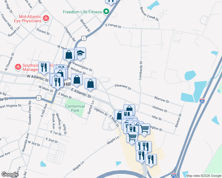 map of restaurants, bars, coffee shops, grocery stores, and more near 510 Pleasant Street in South Hill